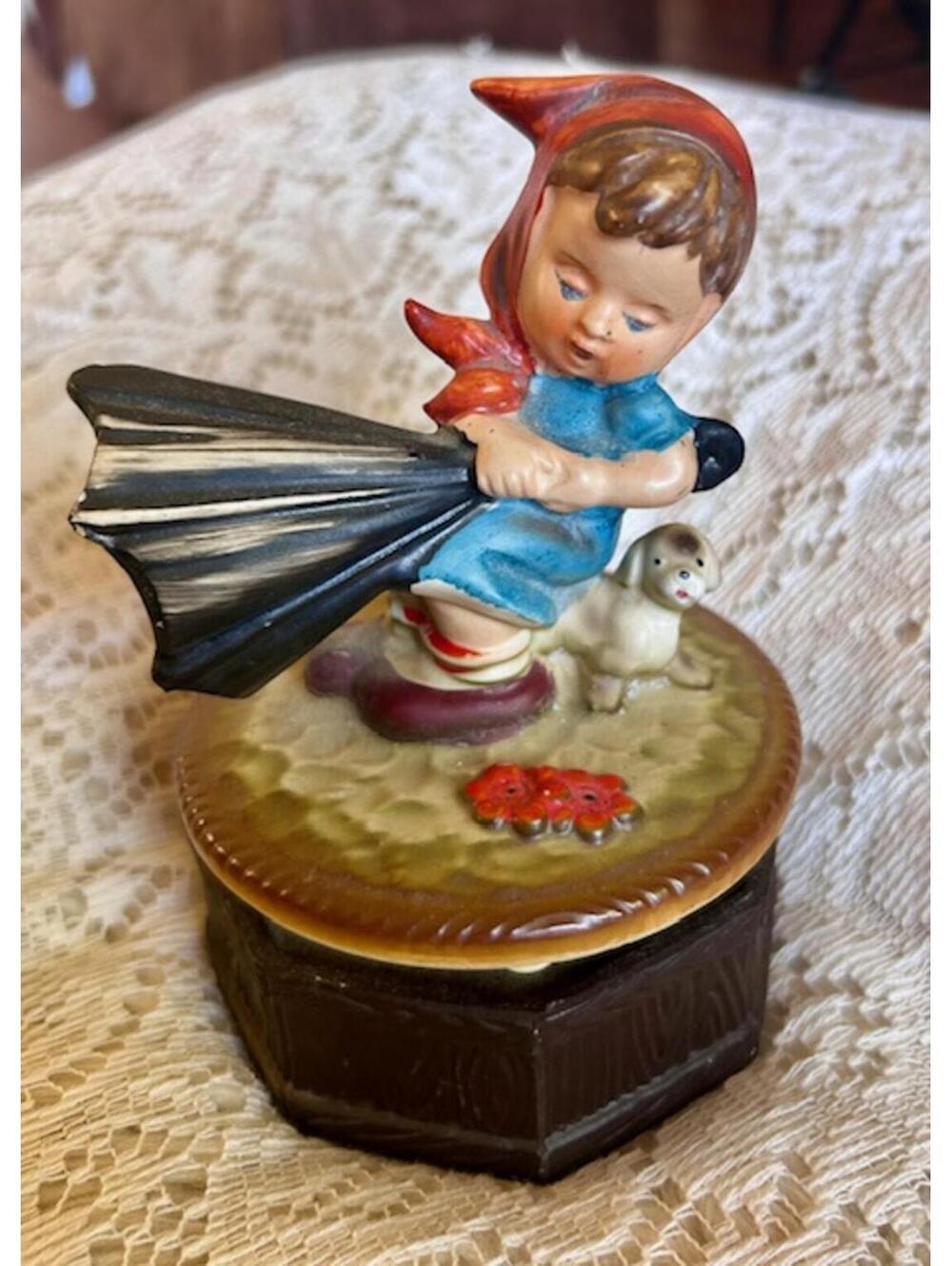 Vintage Ceramic Figurine of Child with Umbrella and Dog